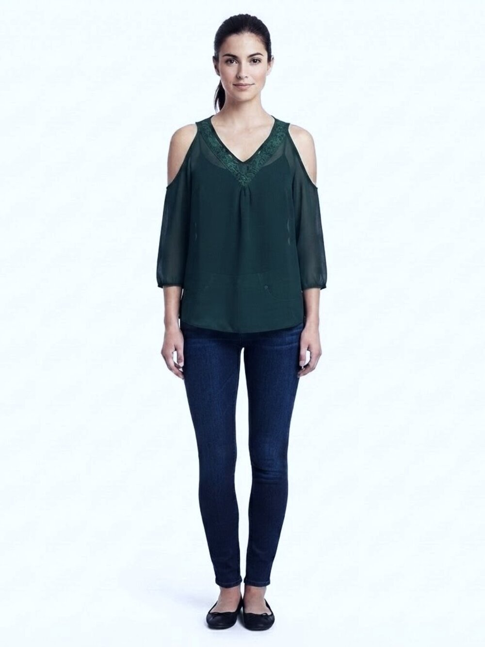 Warehouse One Green Chiffon Cold Shoulder Boho Top- Sz. Sm
